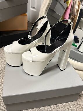 Balenciaga Women's White Patent Platform Peep-Toe Heels with Ankle Strap